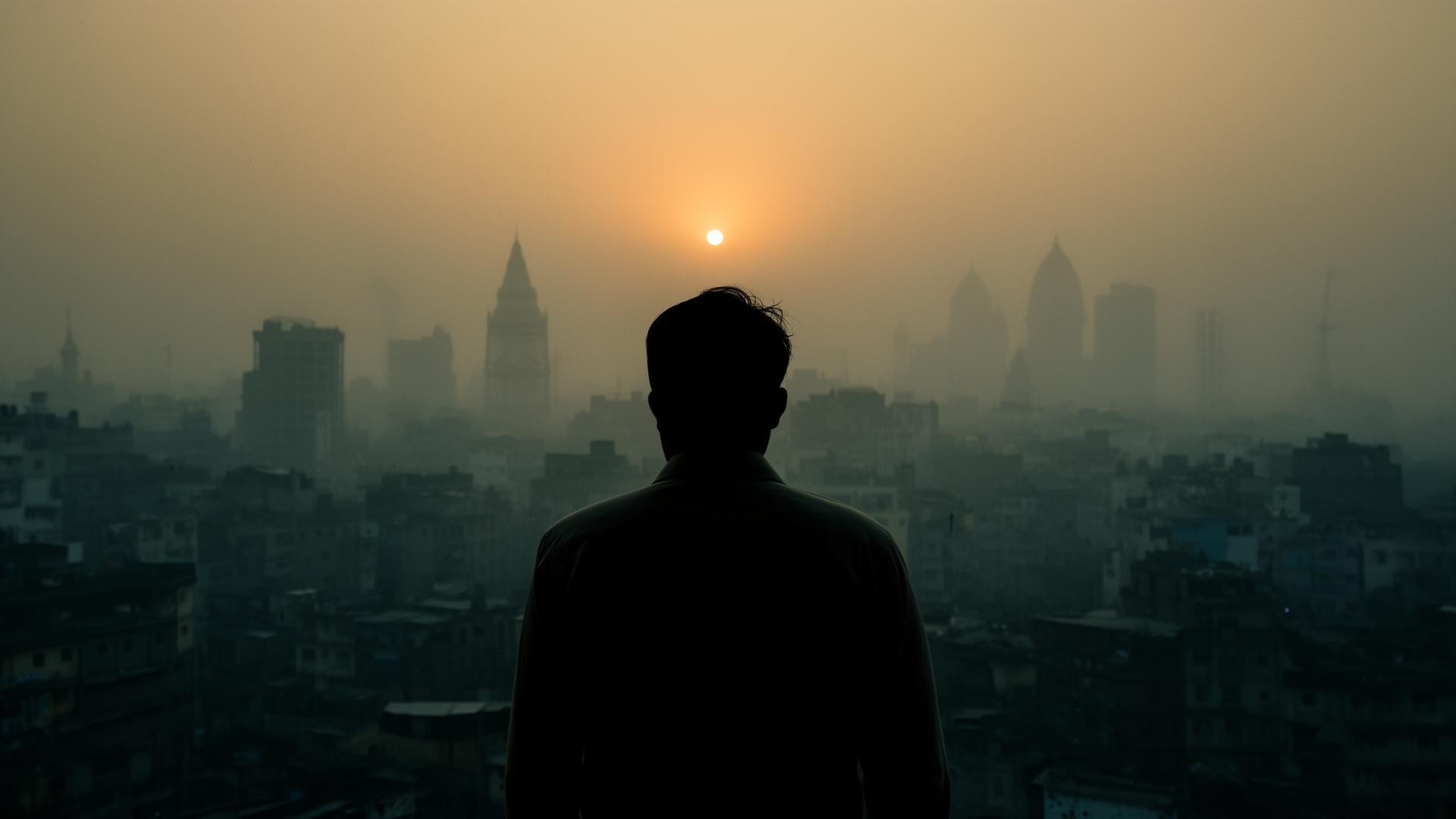 Sunrise over India, a person breathing deeply